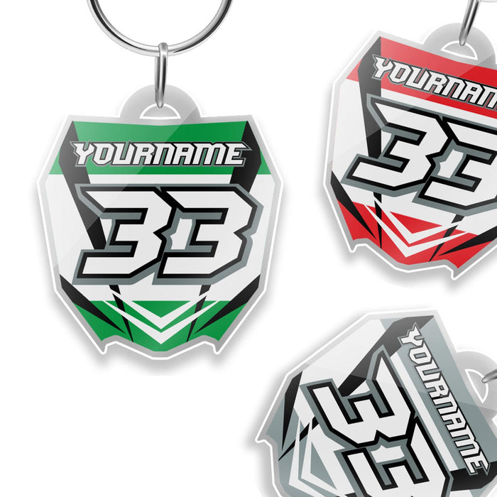 Custom acrylic MX Racing number plate keychain featuring MX03 style by StickerBao, with bold black and white racing design.