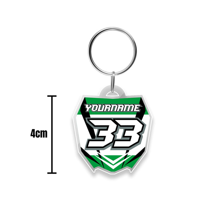 Custom acrylic MX Racing number plate keychain in MX03 style by StickerBao, featuring a vibrant racing number design.