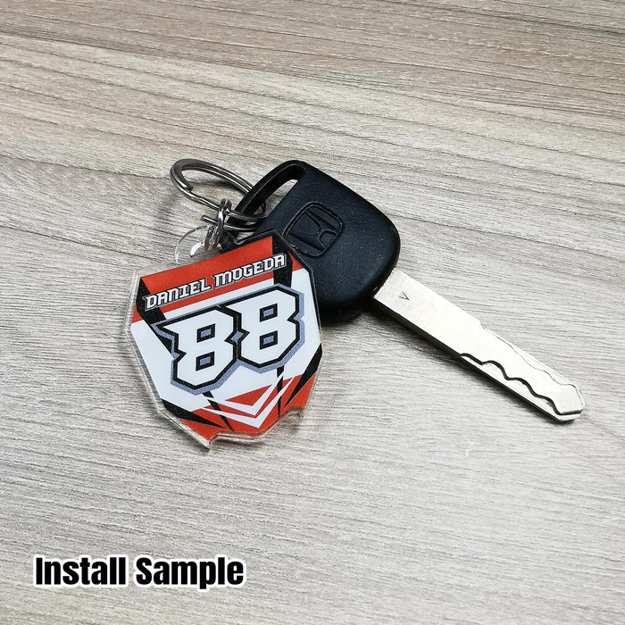 Acrylic MX Racing number plate keychain with MX03 style by StickerBao, featuring a custom racing number plate design.