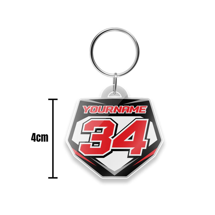 Custom acrylic MX Racing number plate keychain featuring MX04 style, with bold black and white design, by StickerBao.