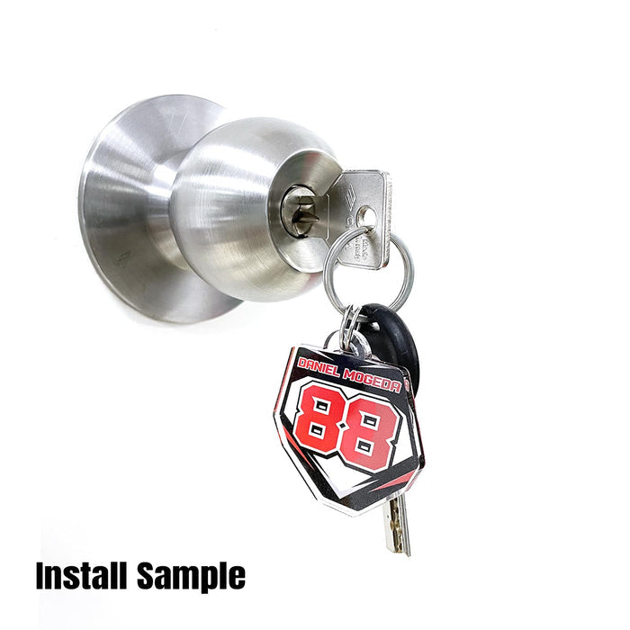 Custom acrylic MX Racing number plate keychain in MX04 style by StickerBao, featuring a vibrant racing number design.