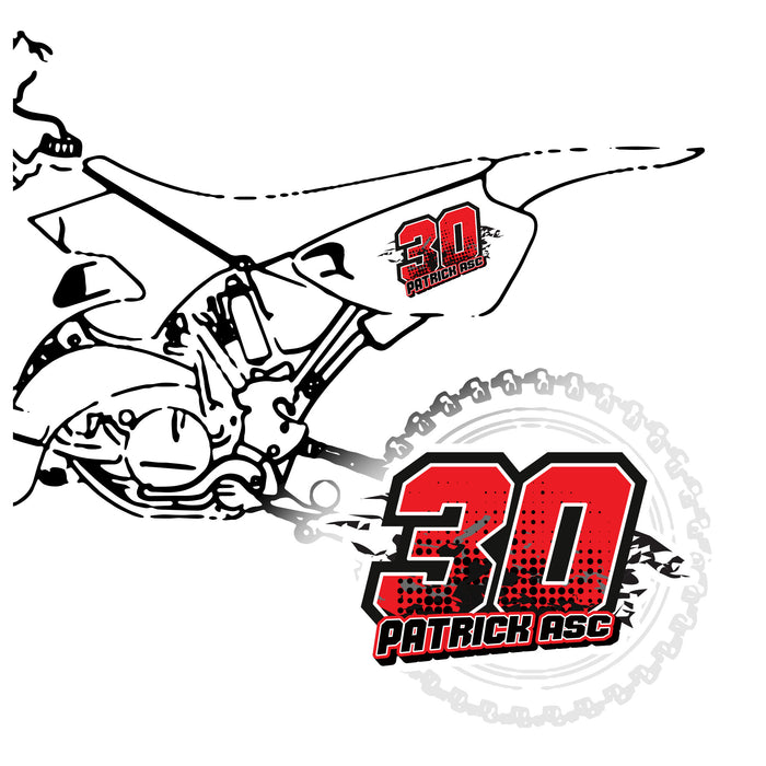 Set of three personalized racing number decals with names in T09 trapezoid style, motocross and karting graphics from MC Motoparts.