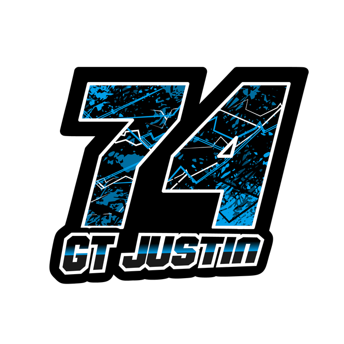 Set of 3 custom racing number and name decals with T10 splatter style for motocross and karting from MC Motoparts.