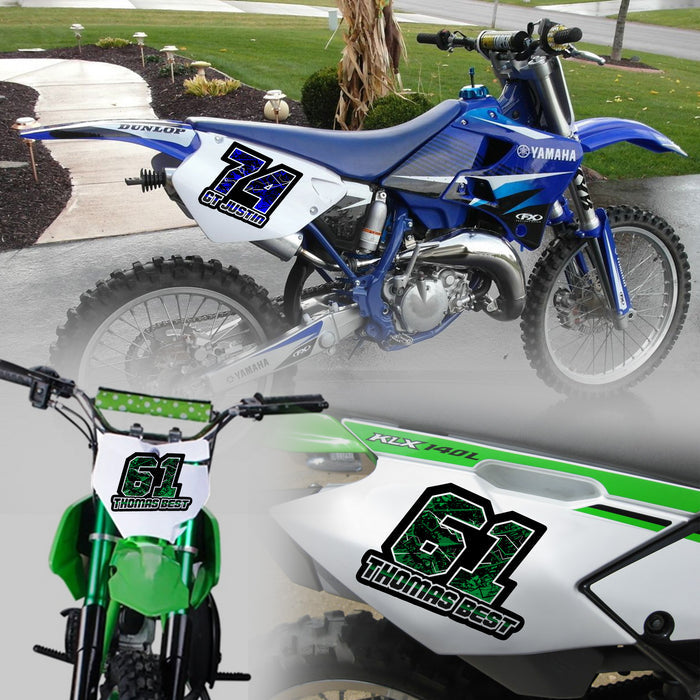 Set of three custom T10 splatter style racing number and name decals for motocross and karting, featuring bold black and white graphics.