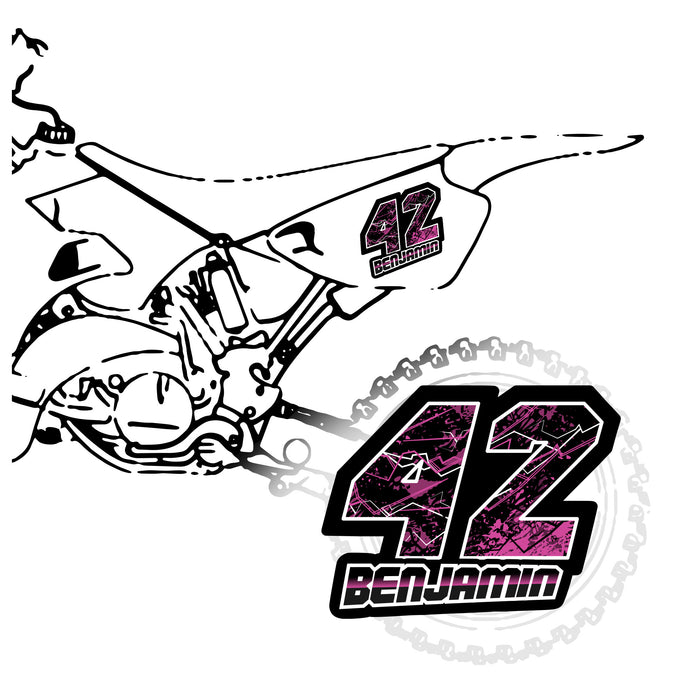 Set of three custom racing number decals with name in T10 splatter style, designed for motocross and karting by MC Motoparts