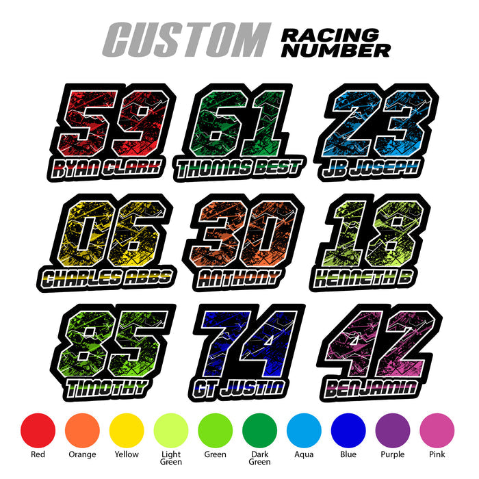 Set of three custom racing number decals with splatter style design, personalized with name for motocross and karting by MC Motoparts.