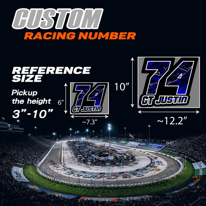 Set of three custom motocross racing number decals with splatter style design and personalized name for motocross and karting.