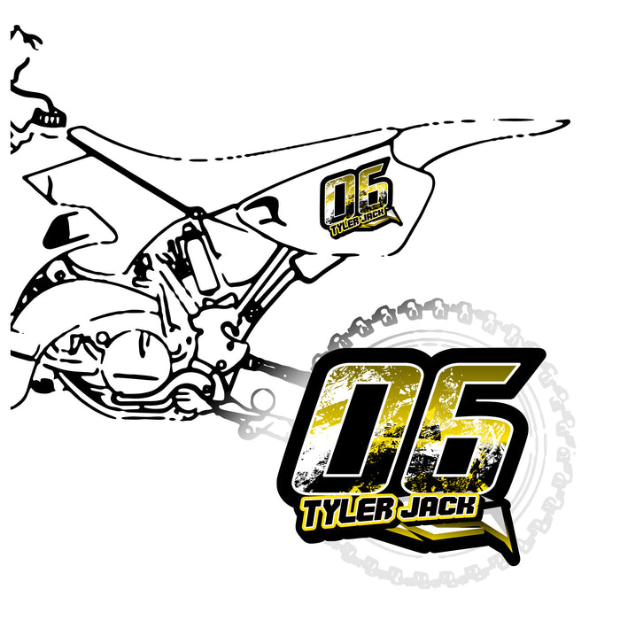 Set of three custom racing number decals with T11 geometric style and personalized name for motocross and karting from MC Motoparts.