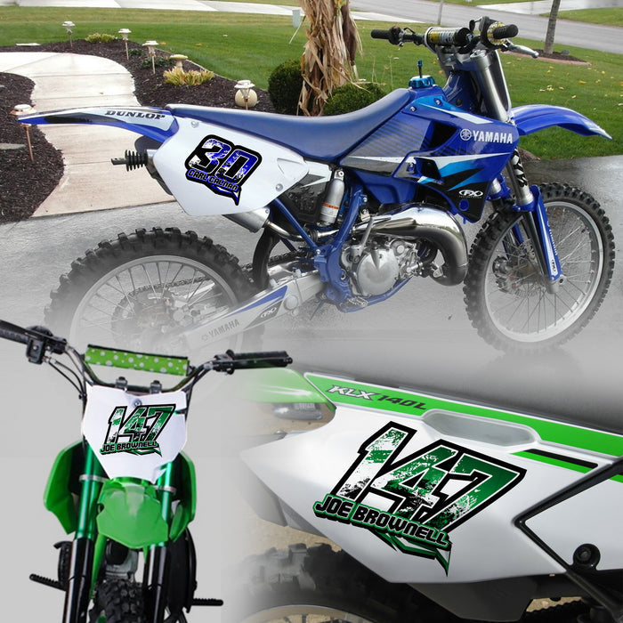 Set of three custom racing number decals with names in T11 geometric style for motocross and karting, by MC Motoparts.