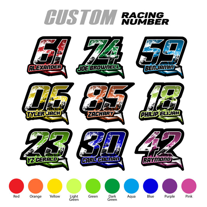 Set of three custom racing number decals with geometric style design featuring personalized names for motocross and karting by MC Motoparts.