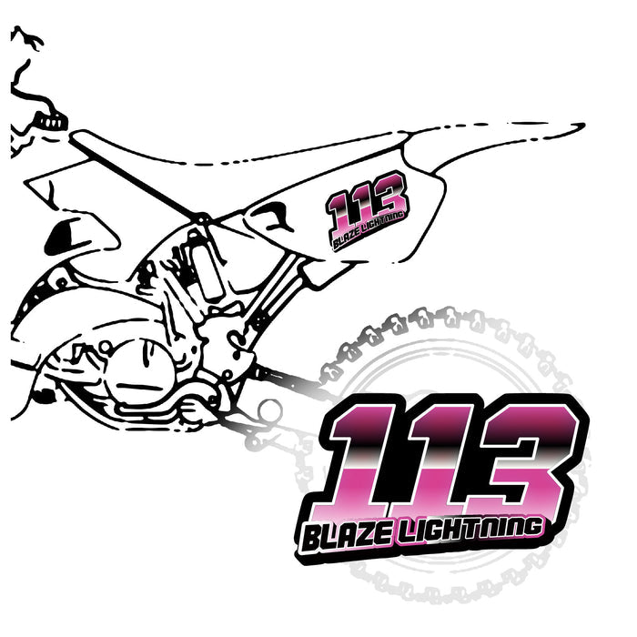 Set of three custom racing number decals with T15 gradient style and names, motocross and karting graphics from MC Motoparts.