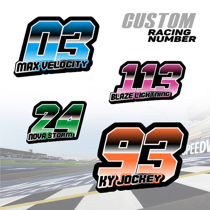 Set of three custom racing number decals with gradient style, featuring name stickers for motocross and karting from MC Motoparts.