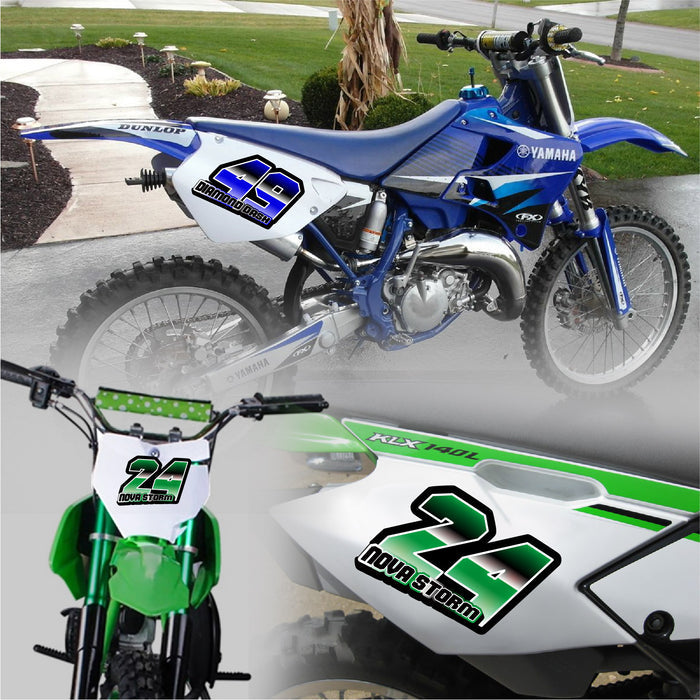 Set of three custom racing number decals with gradient style for motocross and karting, featuring personalized names by MC Motoparts.