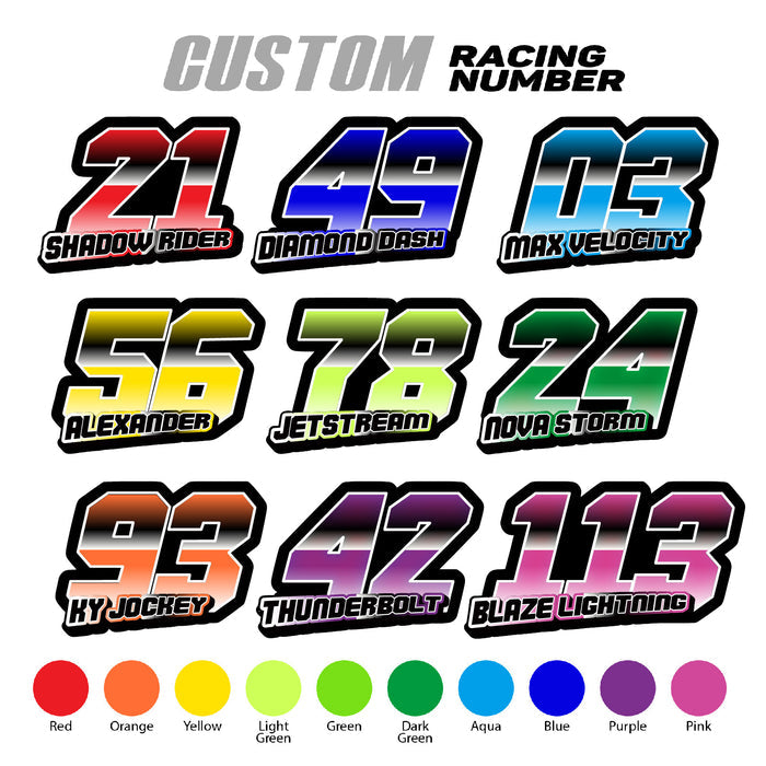 Set of three custom racing number and name decals in T15 gradient style for motocross and karting by MC Motoparts.
