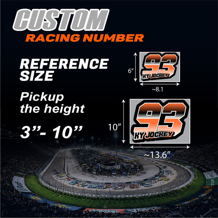 Set of three custom racing number decals with gradient style and personalized name for motocross and karting by MC Motoparts.