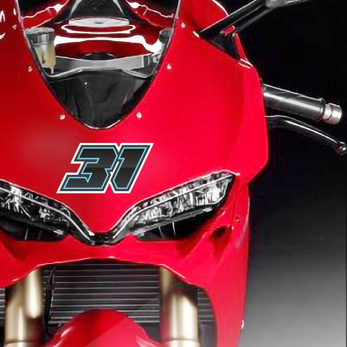Custom racing number stickers by MC Motoparts, 3-pack with gradient outline style, for dirt bikes and motorcycles, shown installed.