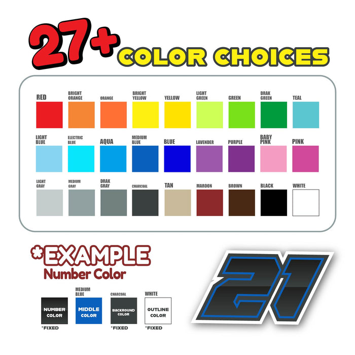 Three custom racing number stickers with gradient outline style for dirt bikes and motorcycles, personalized decals by MC Motoparts.