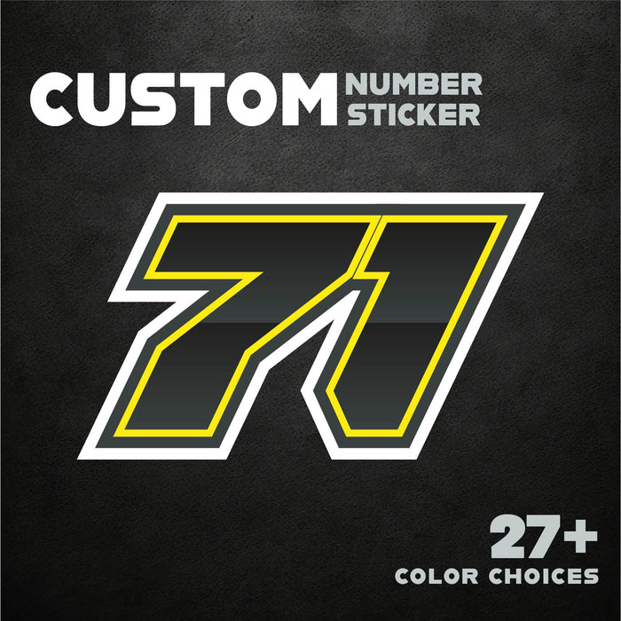 Three custom racing number stickers with gradient outline style for dirt bikes and motorcycles, featuring personalized decals by MC Motoparts.