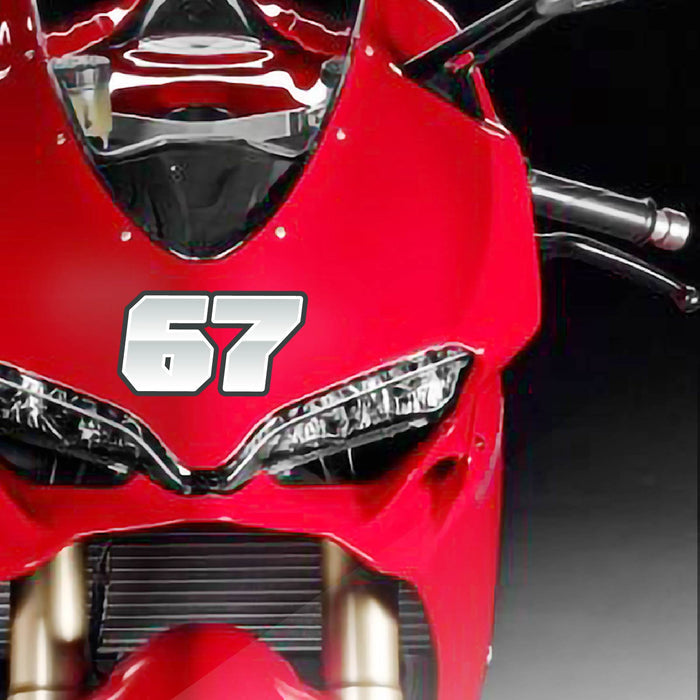 Custom racing number stickers from MC Motoparts, featuring G005 gradient style, shown applied on dirt bike decals in a 3-pack.