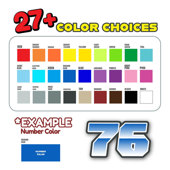 Three custom racing number stickers with gradient style for dirt bikes and motorcycles, featuring personalized decals from MC Motoparts.