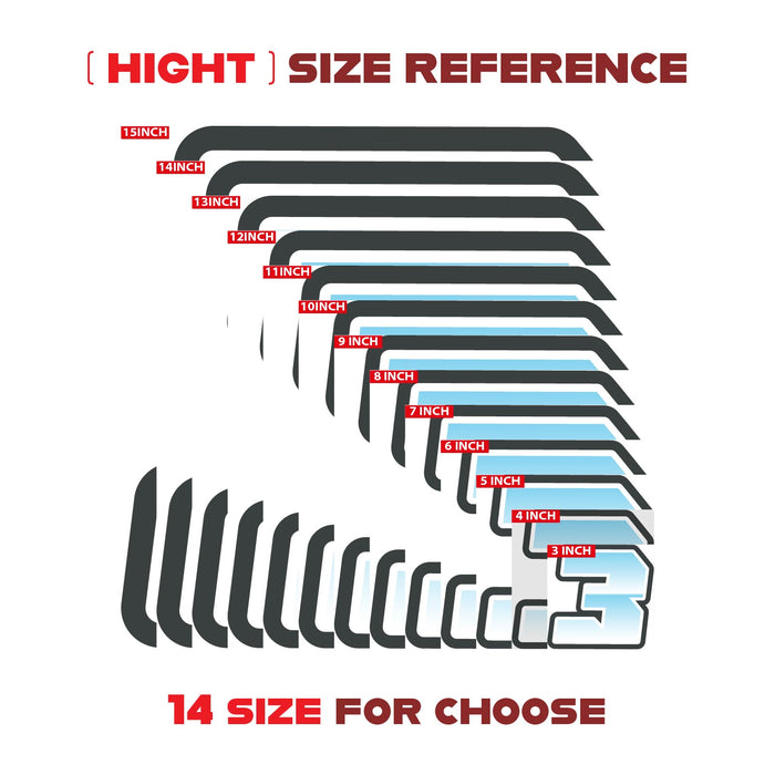 Three custom racing number stickers with gradient style from MC Motoparts, designed for dirt bikes and motorcycles.