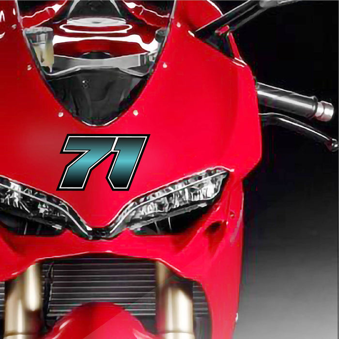 Custom racing number stickers in G006 gradient style for dirt bikes and motorcycles, shown installed on a bike.