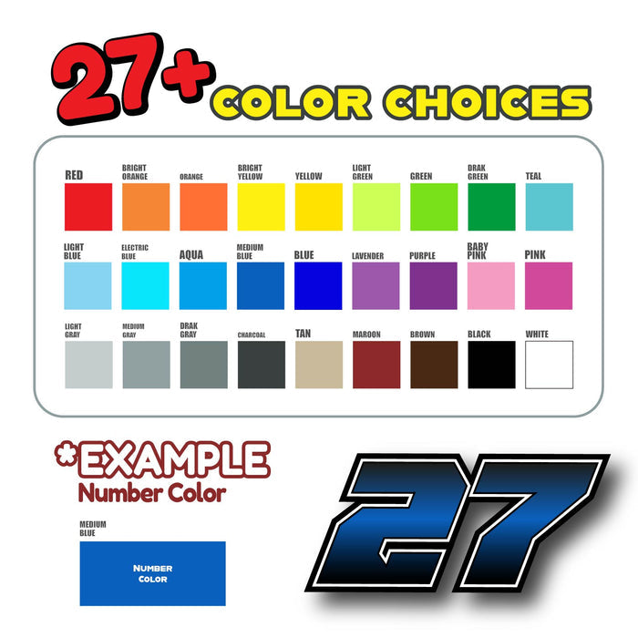 Set of three custom racing number stickers featuring G006 gradient style for dirt bikes and motorcycles, by MC Motoparts.