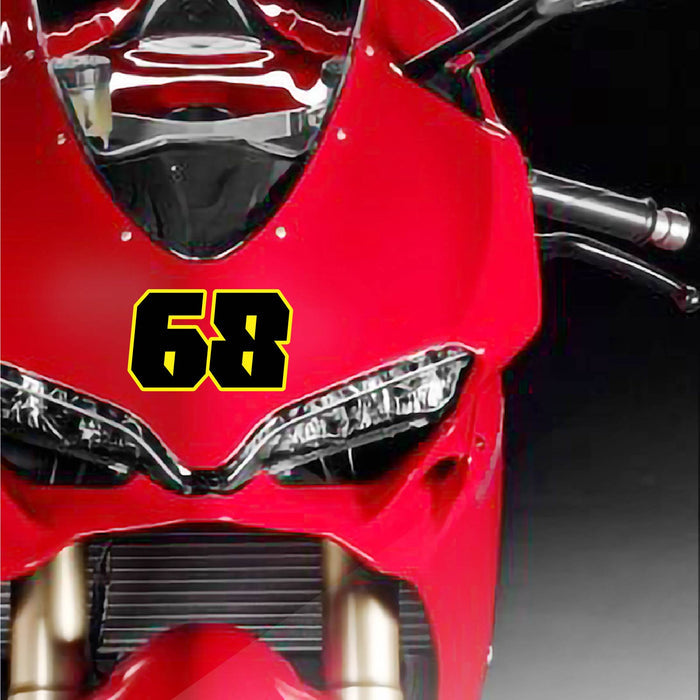 Custom racing number stickers by MC Motoparts, featuring bold G008 style decals for dirt bikes and motorcycles, installed on a bike.