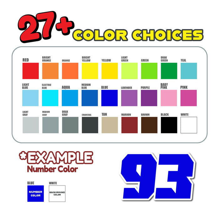 Three custom racing number stickers from MC Motoparts G008 style, personalized dirt bike and motorcycle decals.