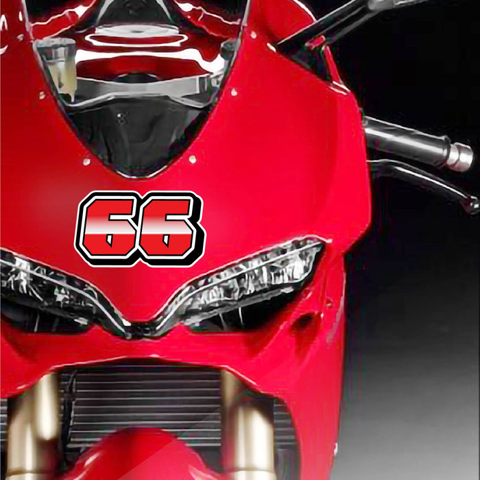 Custom racing number stickers from MC Motoparts, G009 gradient style, 3-pack decals for dirt bikes and motorcycles, shown installed.