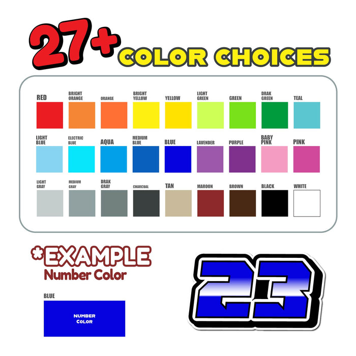 Three custom racing number stickers with G009 gradient style for dirt bikes and motorcycles, featuring personalized decals by MC Motoparts.