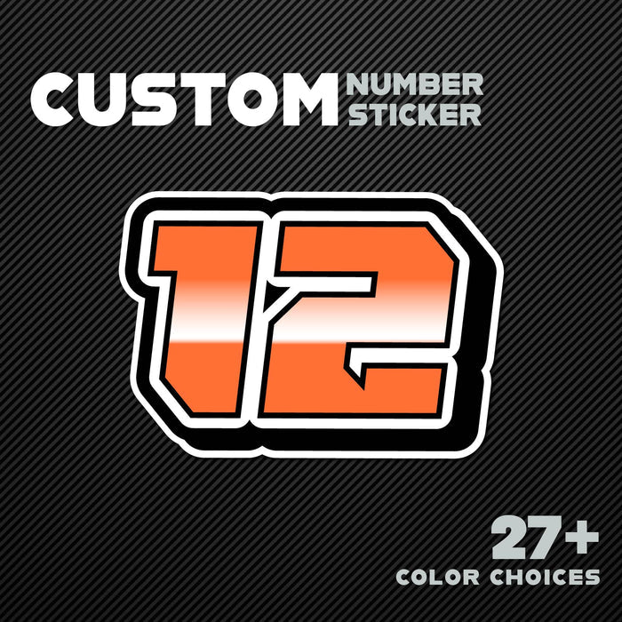 Three custom racing number stickers with G009 gradient style for dirt bikes and motorcycles, designed by MC Motoparts.
