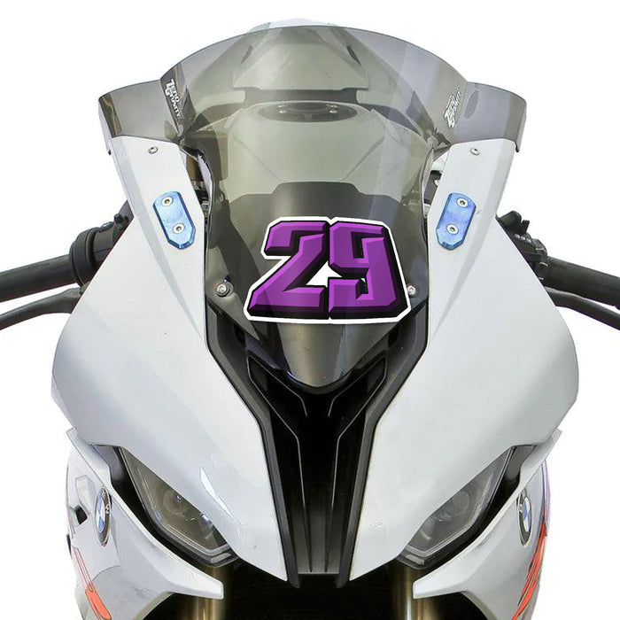 Personalized T22 solid color racing number stickers for dirt bikes and motorcycles, shown installed on a bike.