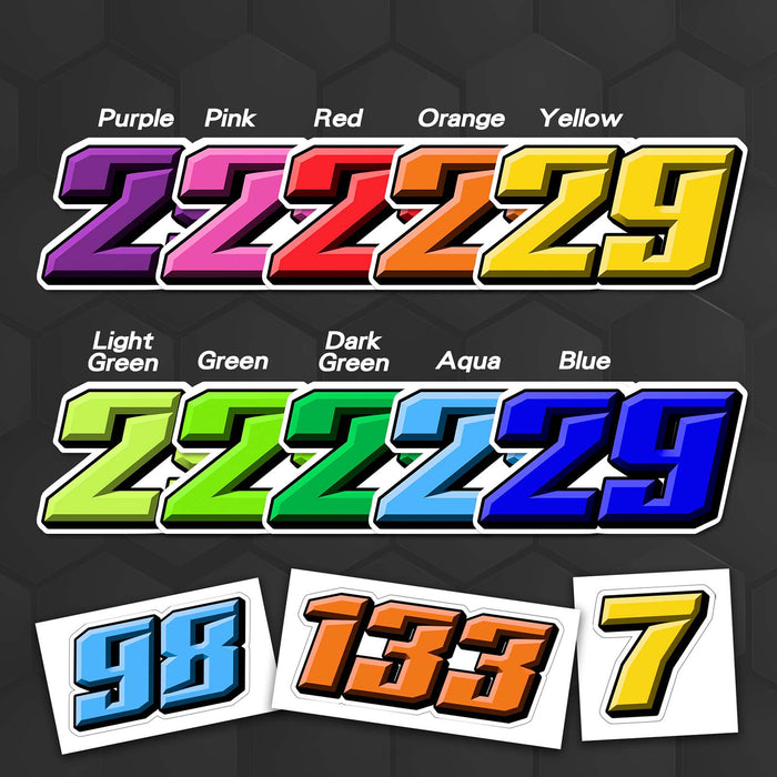 Three personalized T22 solid color racing number stickers for dirt bikes and motorcycles, featuring bold vinyl decal designs.