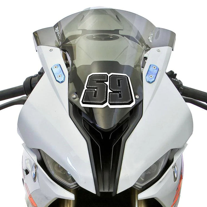 Black custom racing number stickers on a motorcycle, T30 solid color style, installed as part of a three-pack vinyl decal set.