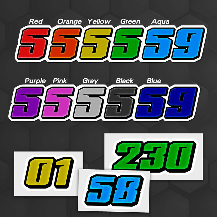 Set of three personalized MC Motoparts racing number stickers in T30 solid color style for dirt bikes and motorcycles.