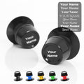 Black MC Motoparts S-Fight swingarm spools with engraved laser text for 6mm, 8mm, and 10mm motorcycle swingarms.
