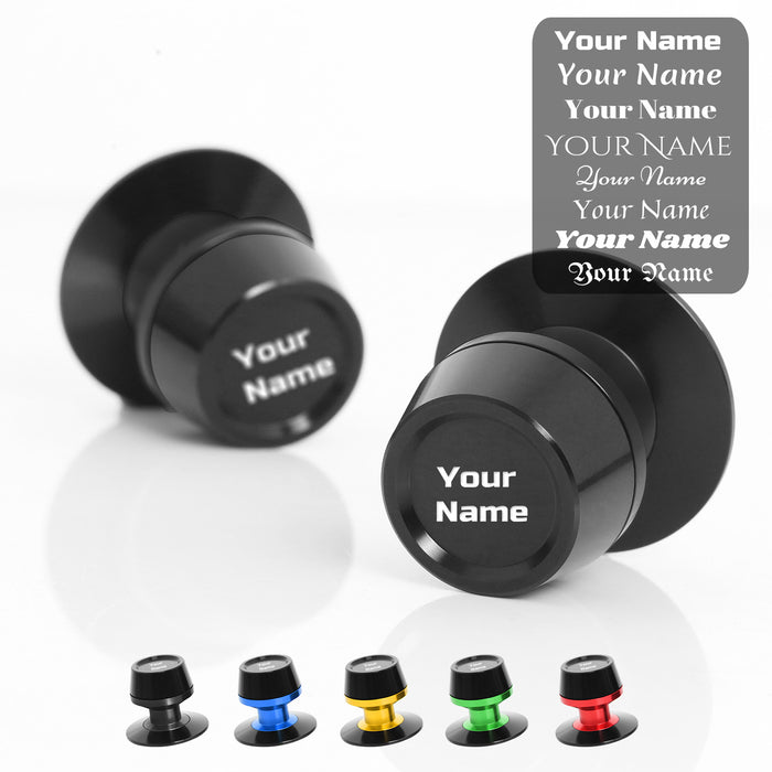Black MC Motoparts S-Fight swingarm spools with engraved laser text for 6mm, 8mm, and 10mm motorcycle swingarms.