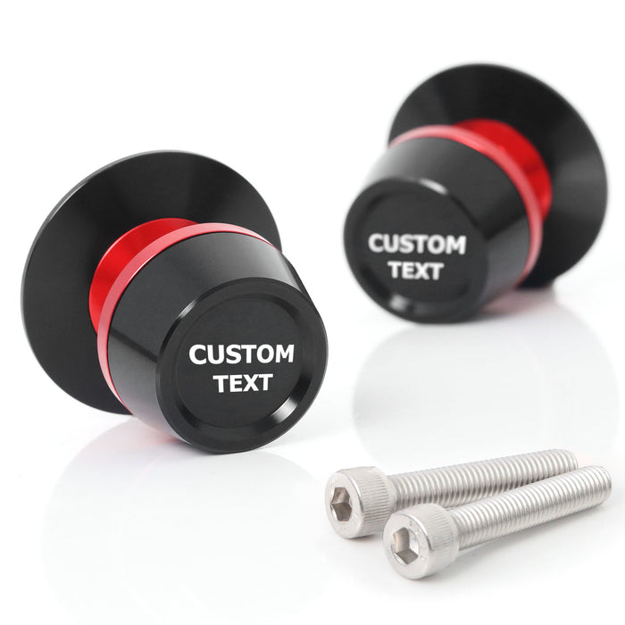 Customized MC Motoparts laser-engraved swingarm spools for motorcycle, available in 6mm, 8mm, and 10mm sizes, shown on a bike.