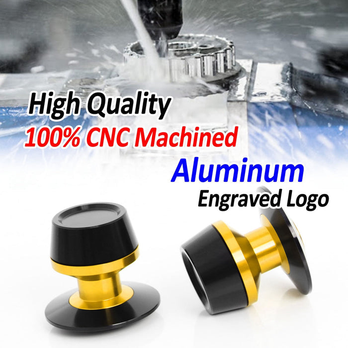 Customized engraved MC Motoparts laser swingarm spools in 6mm, 8mm, and 10mm sizes for motorcycle rear suspension.