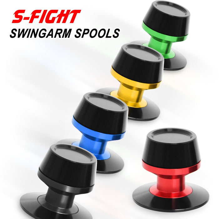 Customized engraved MC Motoparts swingarm spools in 6mm, 8mm, and 10mm sizes with laser-engraved text on metal surfaces.