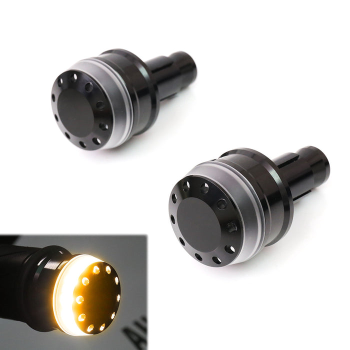 Black LED bar end turn signal lights for Aprilia Shiver 750, 900, Mana 850 motorcycle, by MC Motoparts.