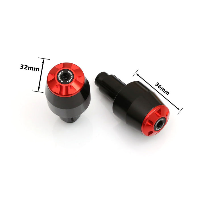 Red CNC bar ends for Benelli TNT 1130, BN302, and Storm motorcycles by MC Motoparts, shown on motorcycle handlebars.
