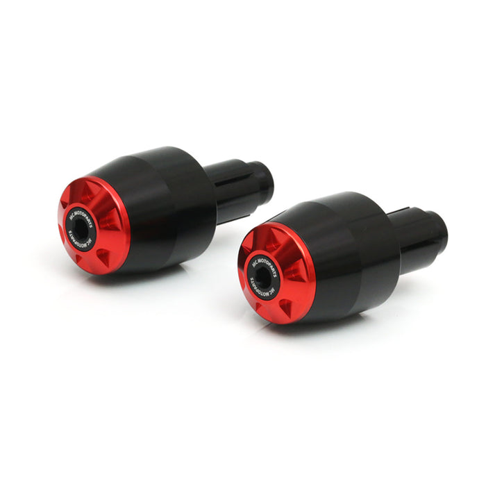 Red CNC bar ends for Benelli 1130 TNT, BN302, and Storm models, made by MC Motoparts, shown on motorcycle handlebars.