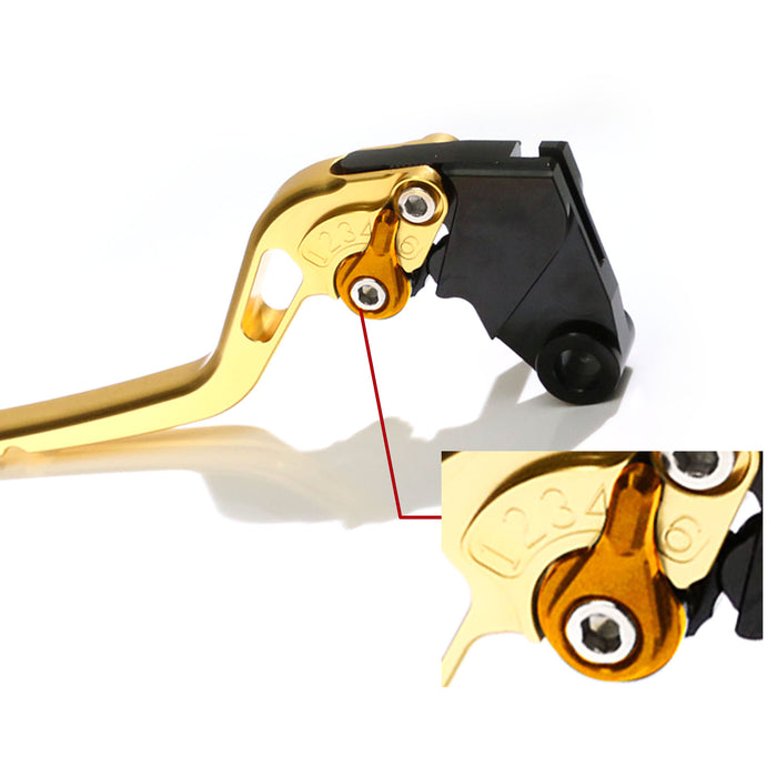 MC Motoparts CNC short brake and clutch lever for BMW F650GS, F700GS, F800GS with adjustable gold finish, mounted on motorcycle.
