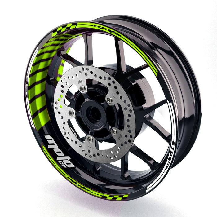 BMW S1000R motorcycle wheel rim sticker with Moto GP stripe design in 17-inch size, from StickerBao, featuring logo and racing stripes.