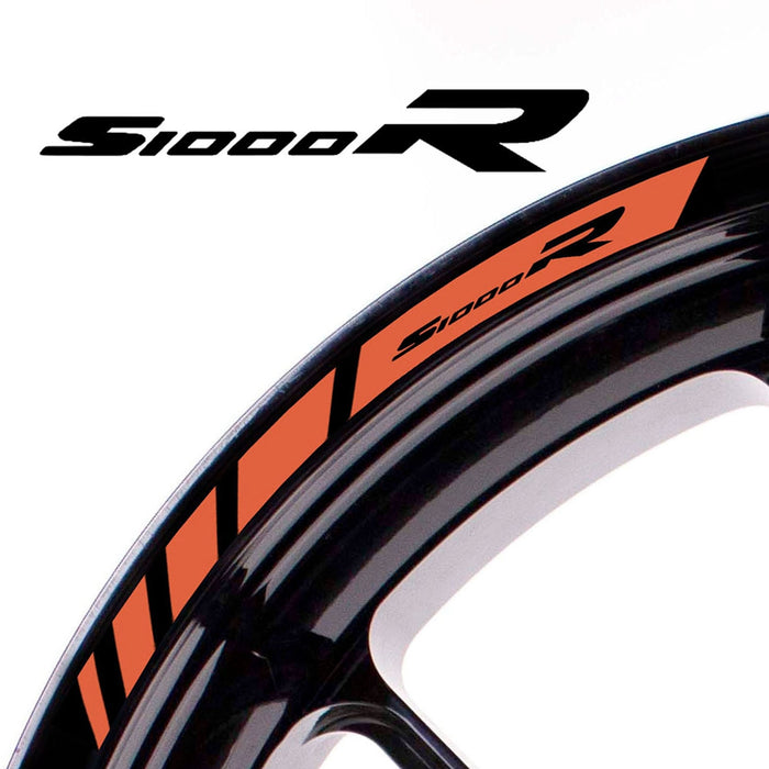 BMW S1000R wheel rim edge sticker with StickerBao logo, black and orange wheel strip decal for motorcycle rim decoration
