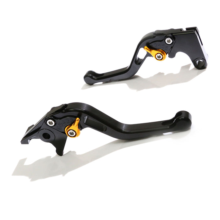 Black CNC short brake and clutch levers for BMW S1000R and S1000RR (2010-2014) by MC Motoparts, with adjustable design.