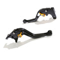 Black CNC short brake and clutch levers for BMW S1000R and S1000RR (2010-2014) by MC Motoparts, with adjustable design.