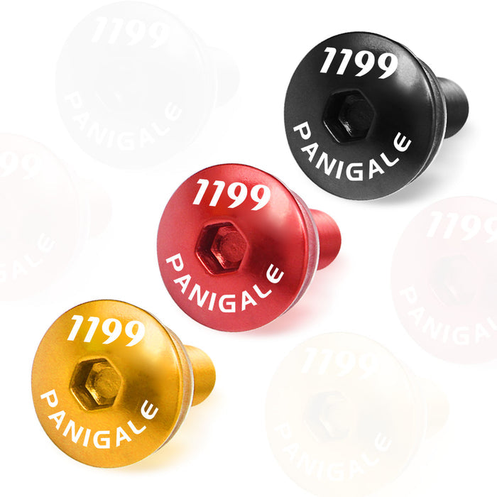 Set of CNC engraved logo Ducati 1199 Panigale windscreen fairing bolts by MC Motoparts, featuring detailed branding and durable metal construction.